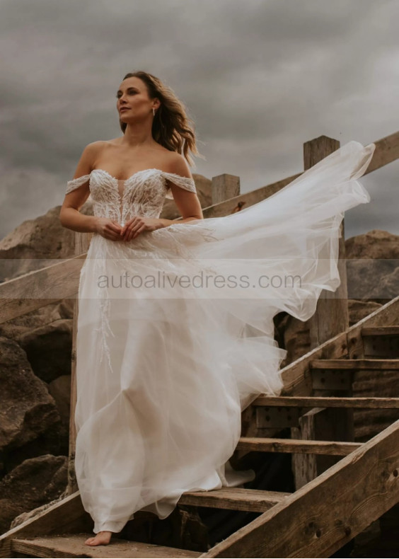 Off Shoulder Ivory Glitter Lace Tulle Flowing Wedding Dress